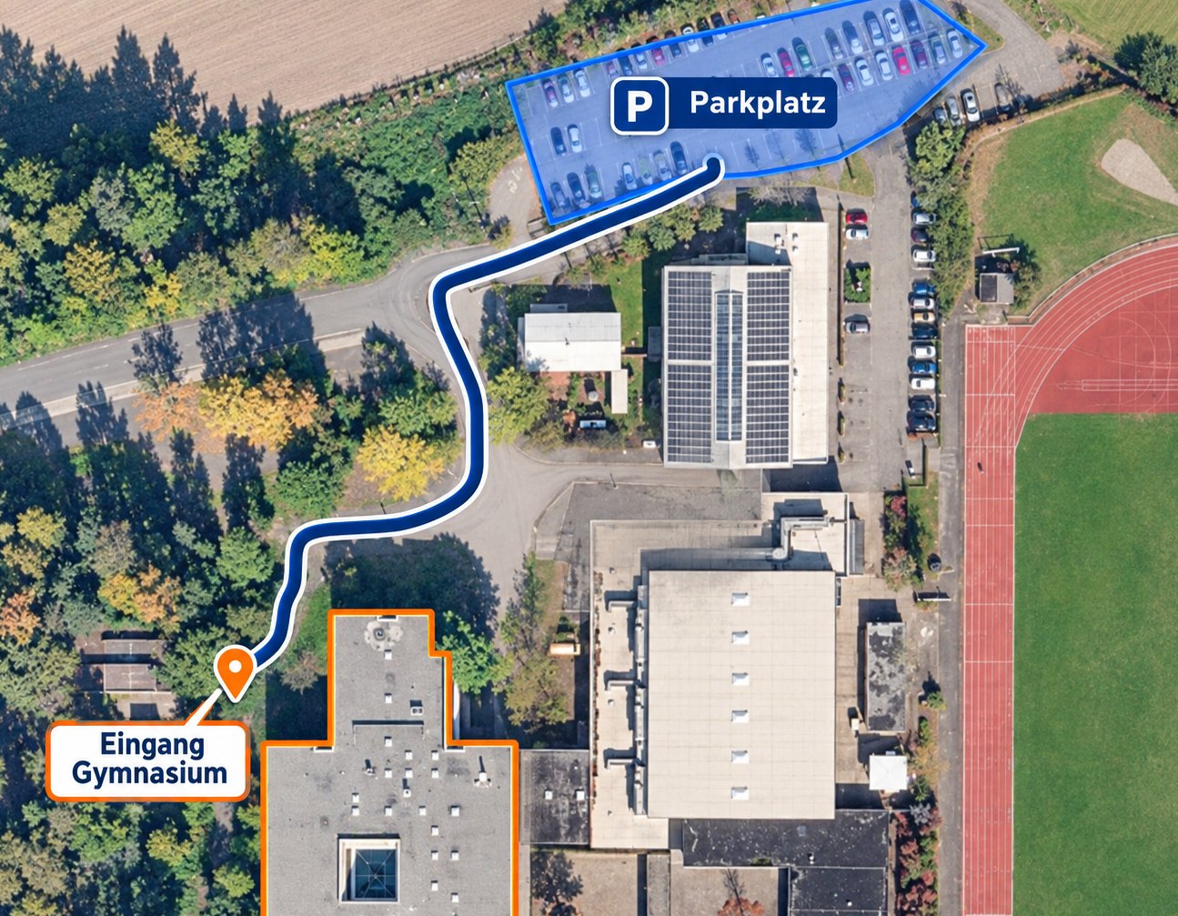Luftbild: Weg vom Parkplatz zum Eingang des Gymnasiums Rheinzabern